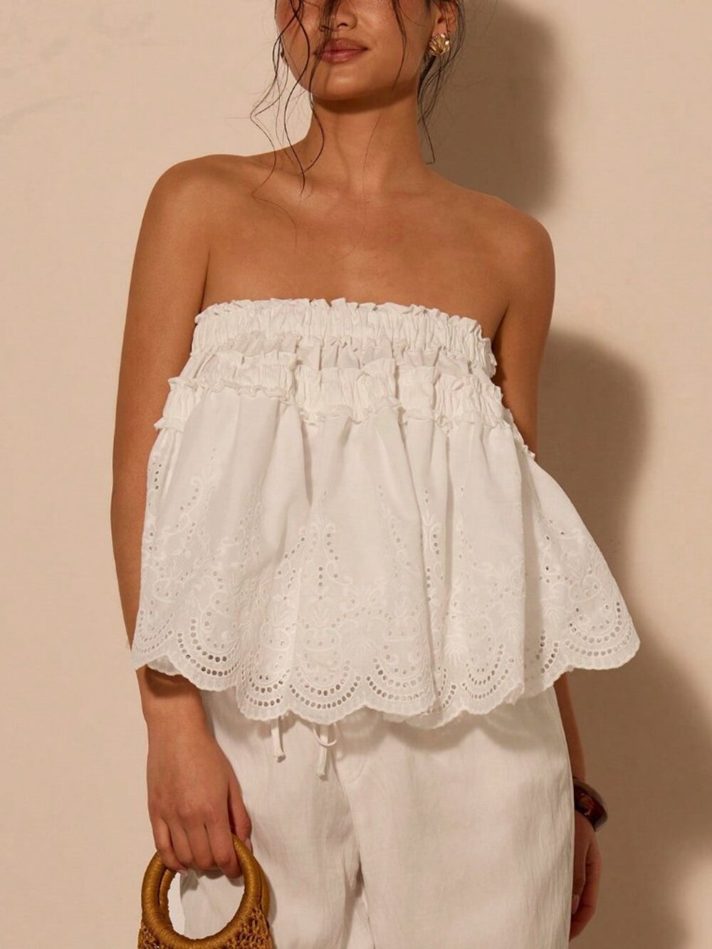 White Boho Women's Ruffle Embroidered Tube Top – - Picture 4 of 5